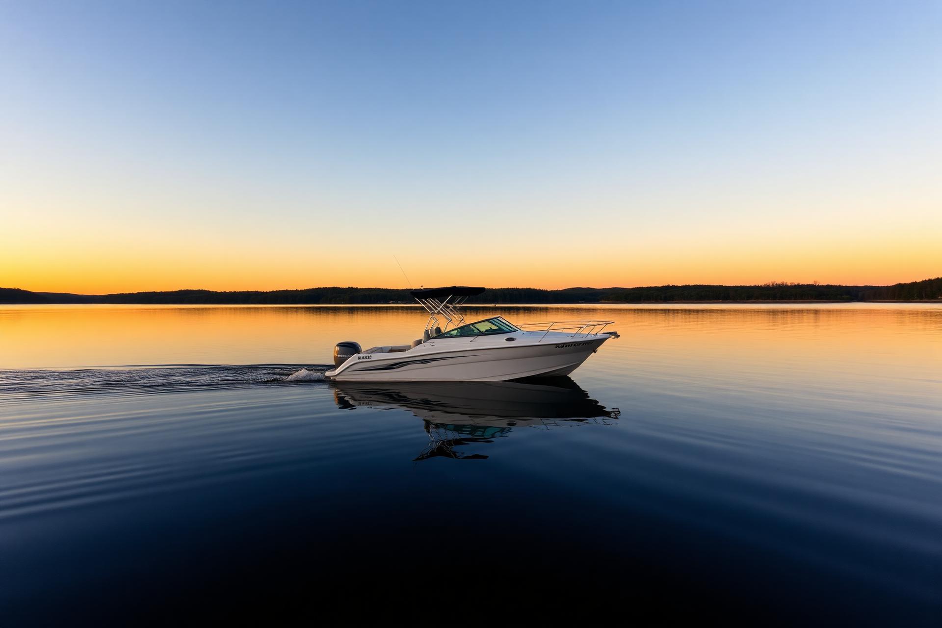 Bowrider on a calm New England lake at golden hour